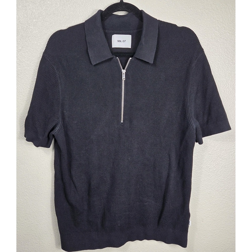 NN.07 Hansie SS Zip Rib Knit Polo‎ Sweater Organic Cotton Black Size L